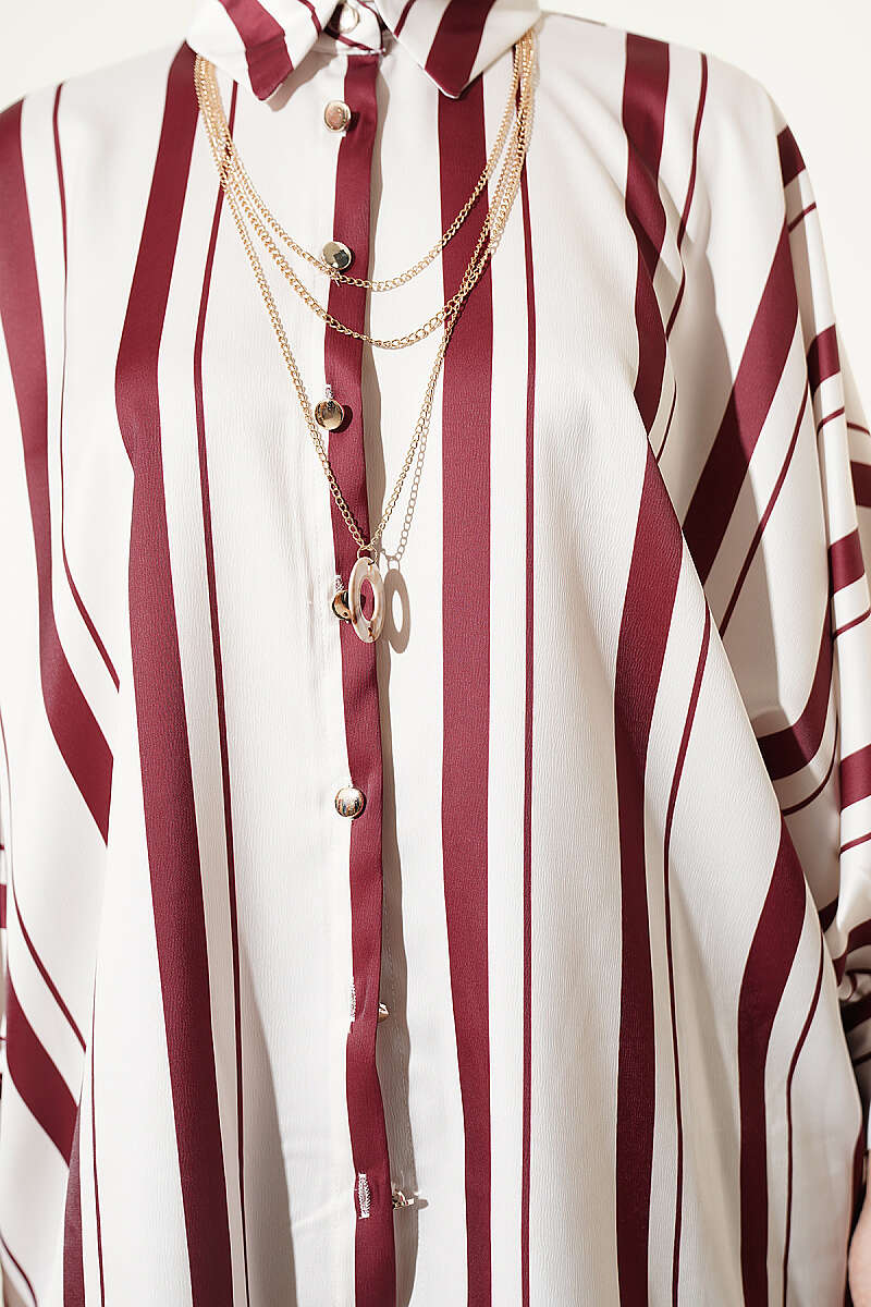 Asymmetrical Striped Satin Shirt with Batwing Sleeves Burgundy – Image 4