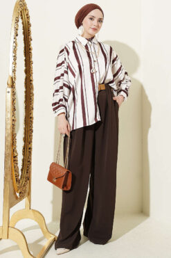 Alternative view of Asymmetrical Striped Satin Shirt with Batwing Sleeves Coffee Brown