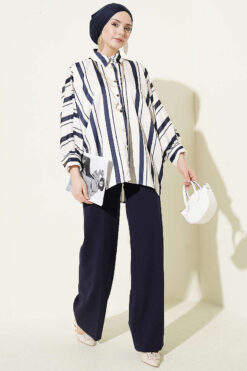 Alternative view of Asymmetrical Striped Satin Shirt with Batwing Sleeves Navy Blue
