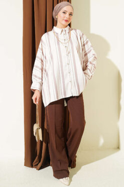 Alternative view of Asymmetrical Striped Satin Shirt with Batwing Sleeves Mink