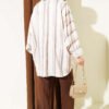 Asymmetrical Striped Satin Shirt with Batwing Sleeves Mink – Bild 3