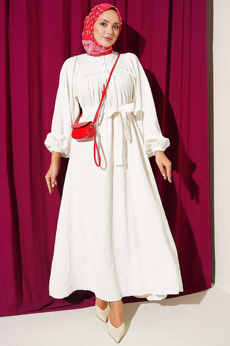 Batwing Sleeve Textured Dress Ecru