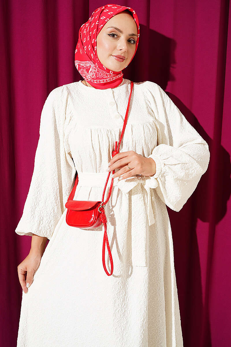 Batwing Sleeve Textured Dress Ecru - Image 2