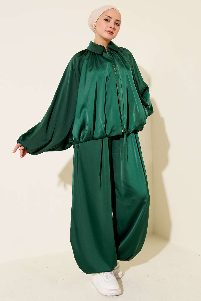 Batwing Sleeve Satin Loose Two-Piece Set Emerald