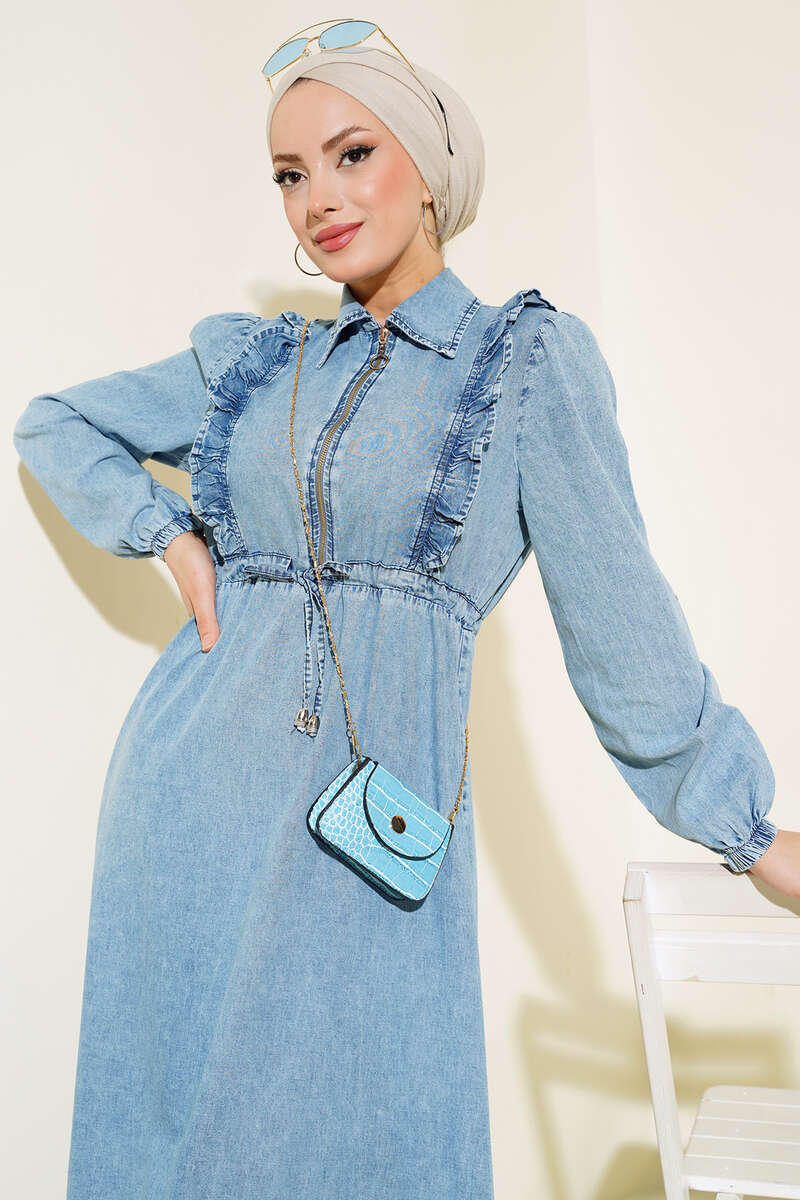 Half Zip Denim Dress Denim Blue - الصورة 2