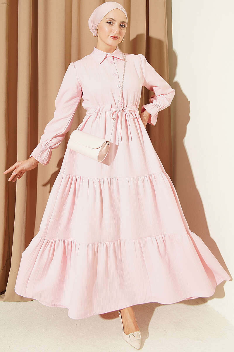 Half-Button Waist Tied French Terry Dress Pink