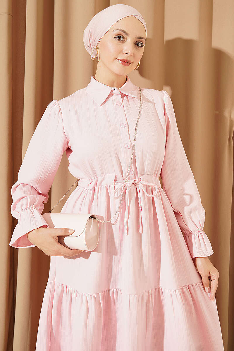 Half-Button Waist Tied French Terry Dress Pink - Imagen 2
