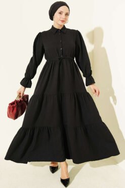 Half-Button Waist Tied French Terry Dress Black