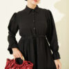 Half-Button Waist Tied French Terry Dress Black - الصورة 2