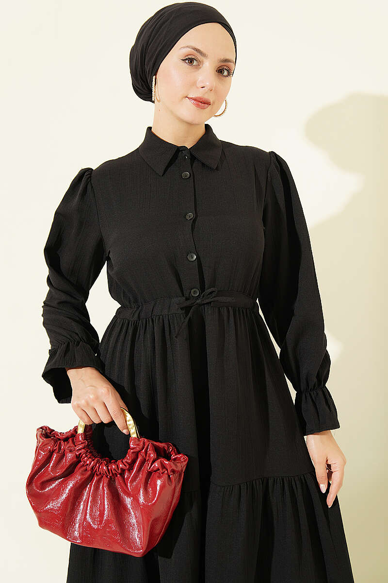 Half-Button Waist Tied French Terry Dress Black - الصورة 2