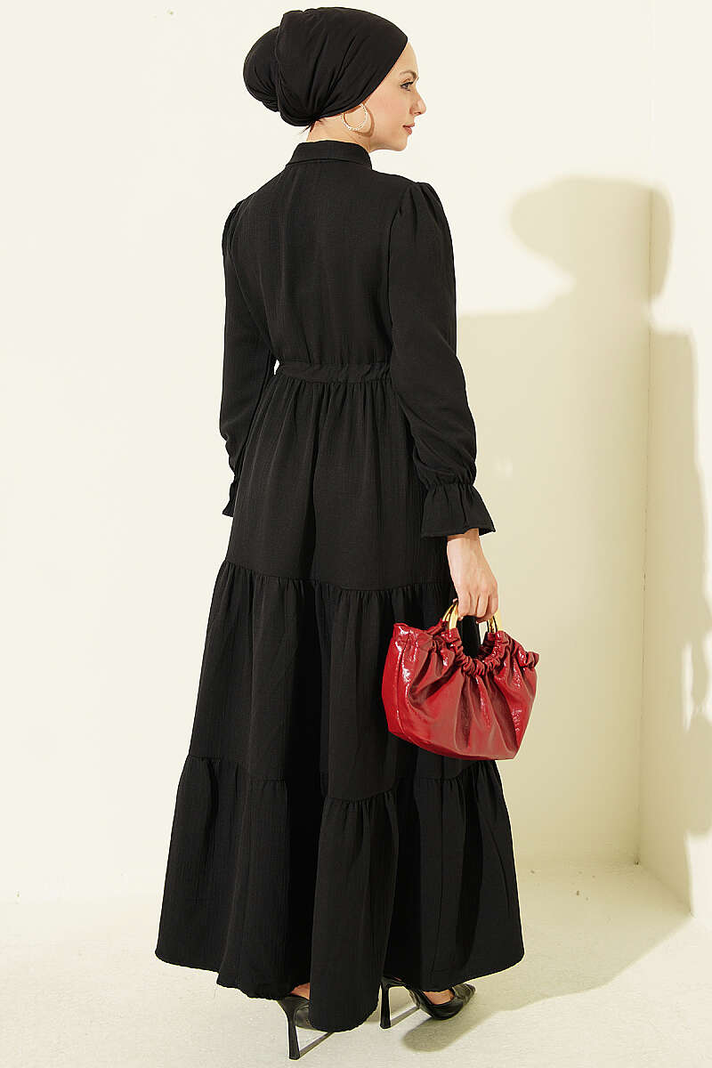 Half-Button Waist Tied French Terry Dress Black - الصورة 3