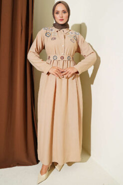 Half Button Floral Embroidered Dress Beige