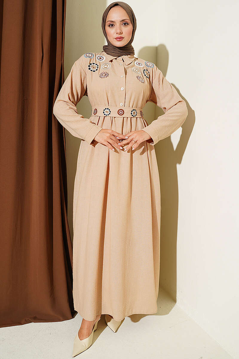 Half Button Floral Linen Dress Beige - Image 5