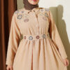 Half Button Floral Embroidered Dress Beige - Image 2