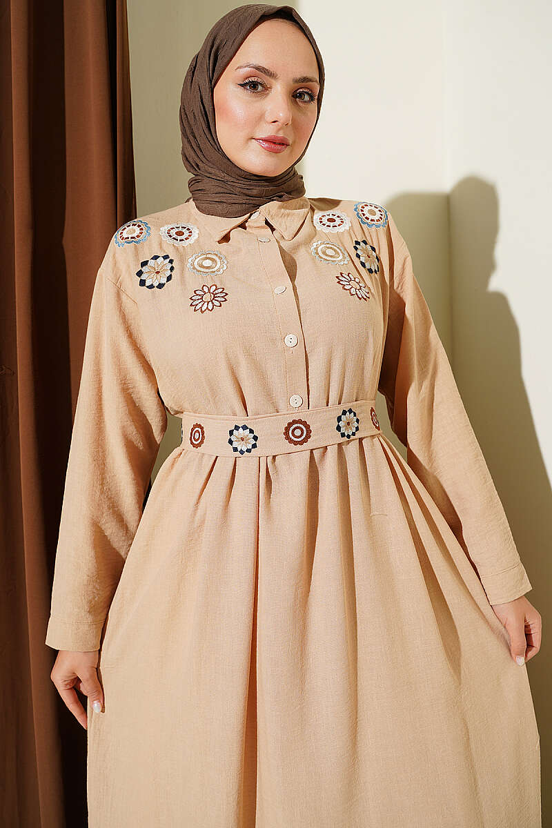 Half Button Floral Embroidered Dress Beige - Image 2