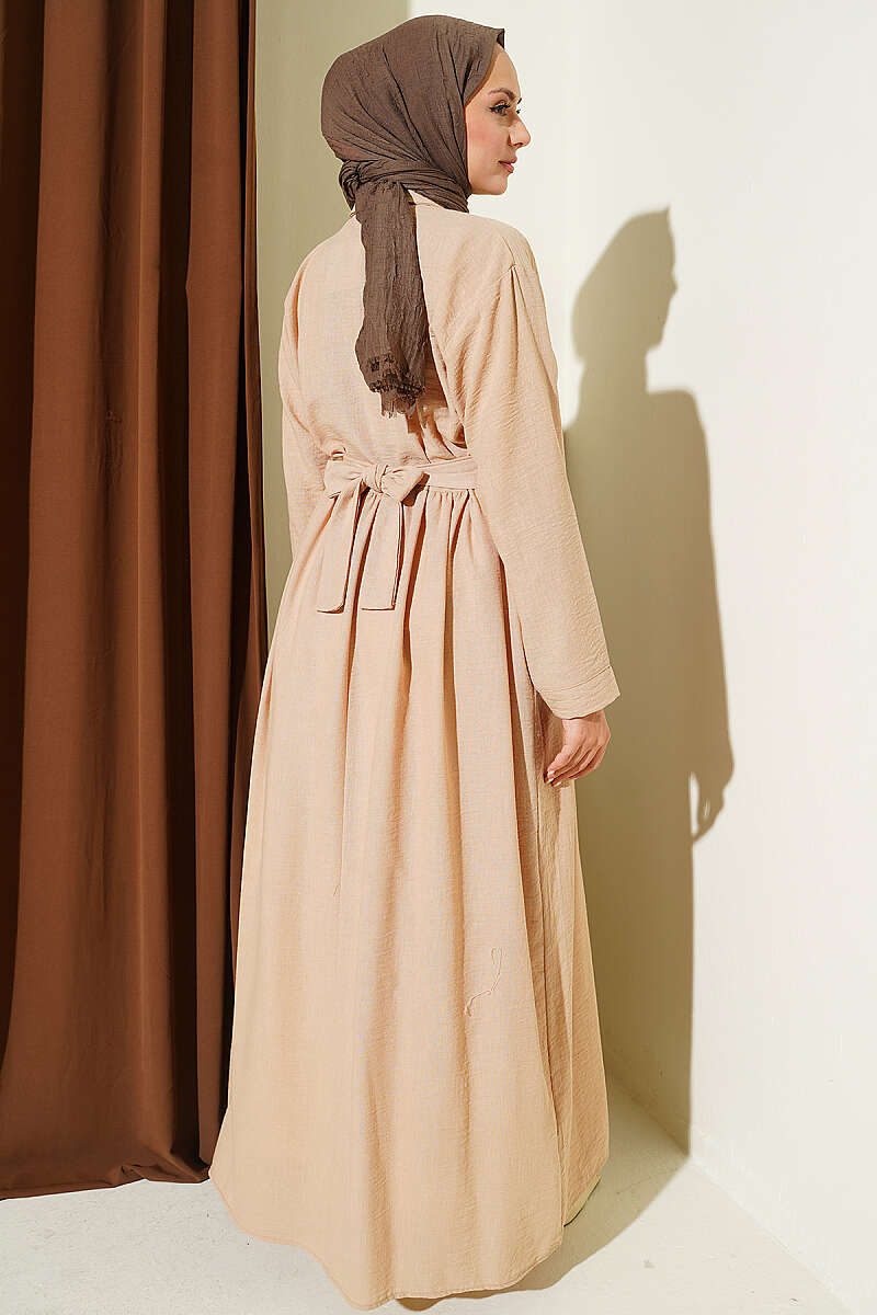 Half Button Floral Embroidered Dress Beige - Image 3