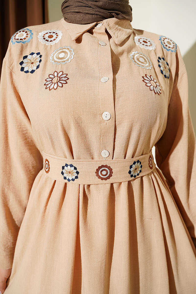 Half Button Floral Embroidered Dress Beige - Image 4