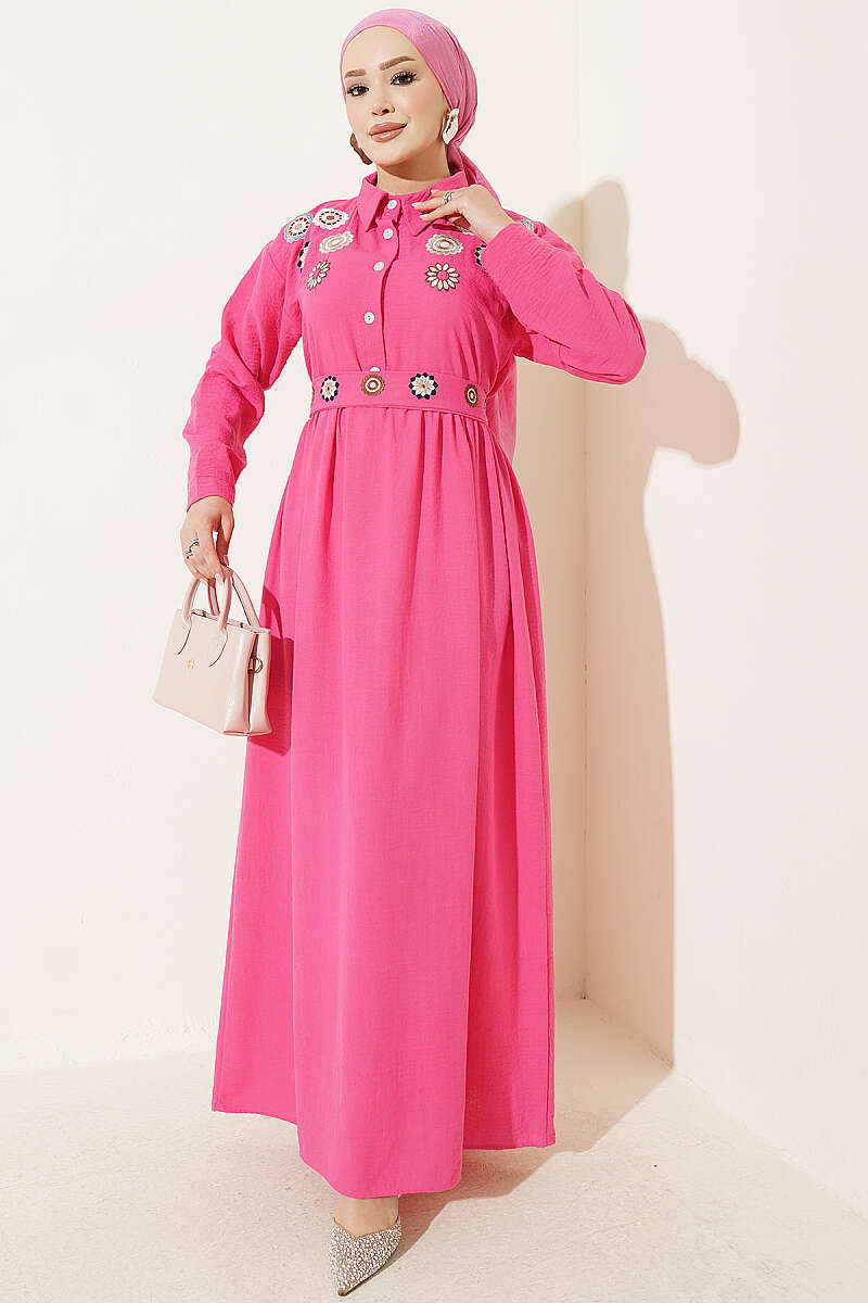 Half Button Floral Embroidered Dress Fuchsia