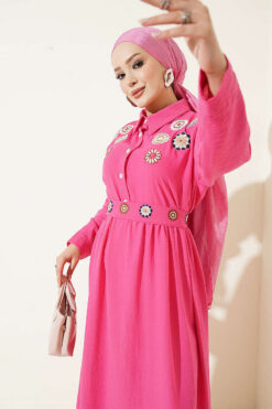 Alternative view of Half Button Floral Embroidered Dress Fuchsia