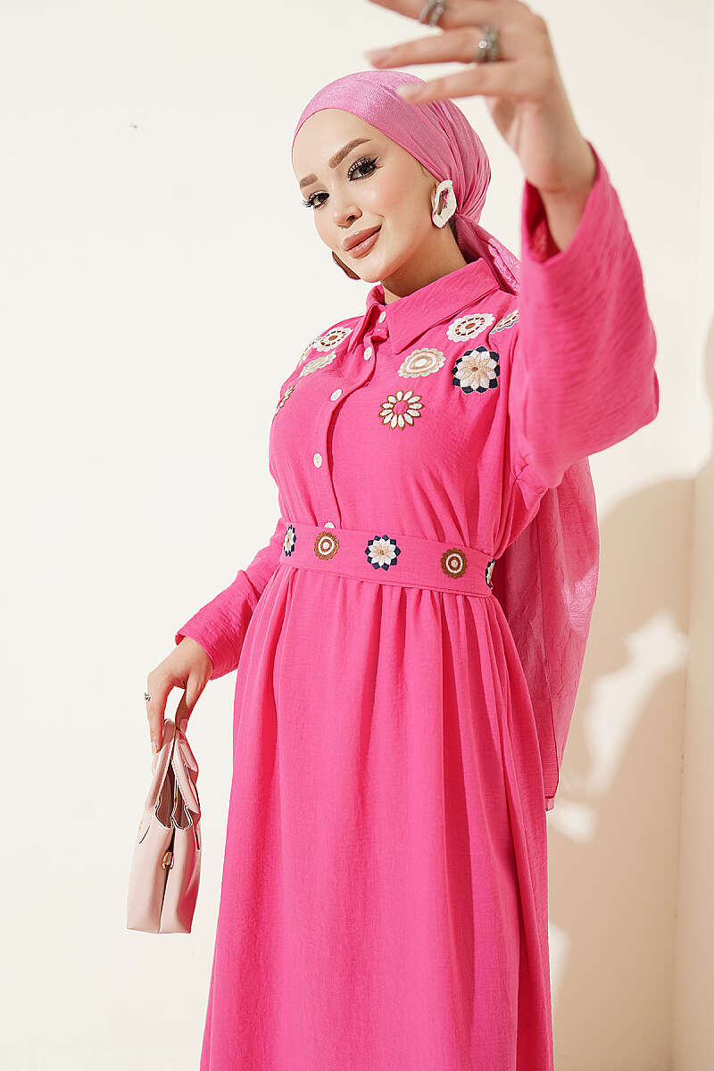 Half Button Floral Embroidered Dress Fuchsia - immagine 2