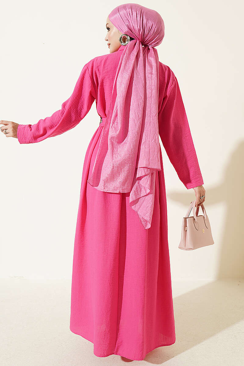 Half Button Floral Embroidered Dress Fuchsia - immagine 3