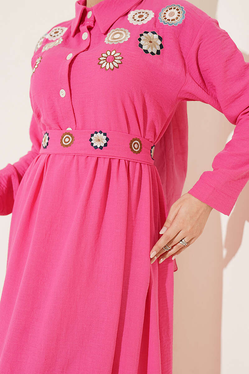 Half Button Floral Embroidered Dress Fuchsia - immagine 4