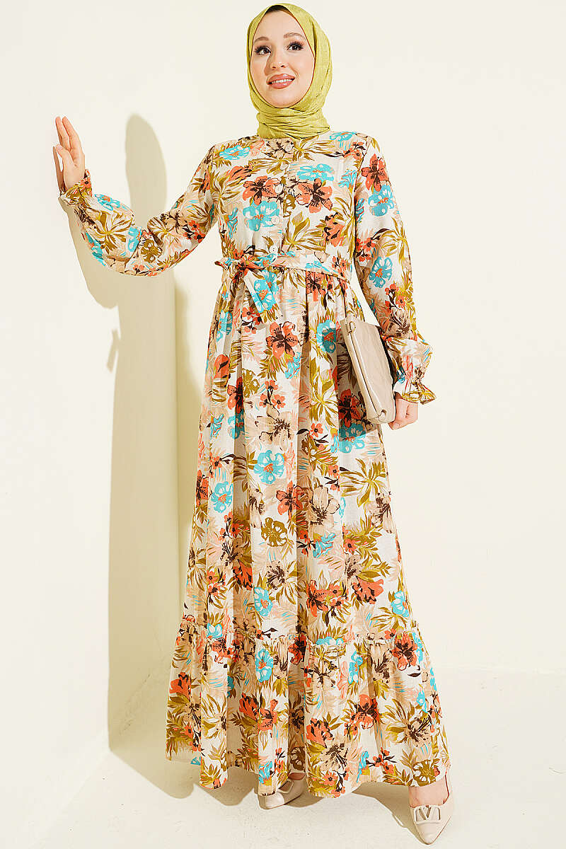 Half Button Floral Linen Dress Beige