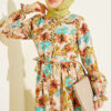 Half Button Floral Linen Dress Beige - Image 2