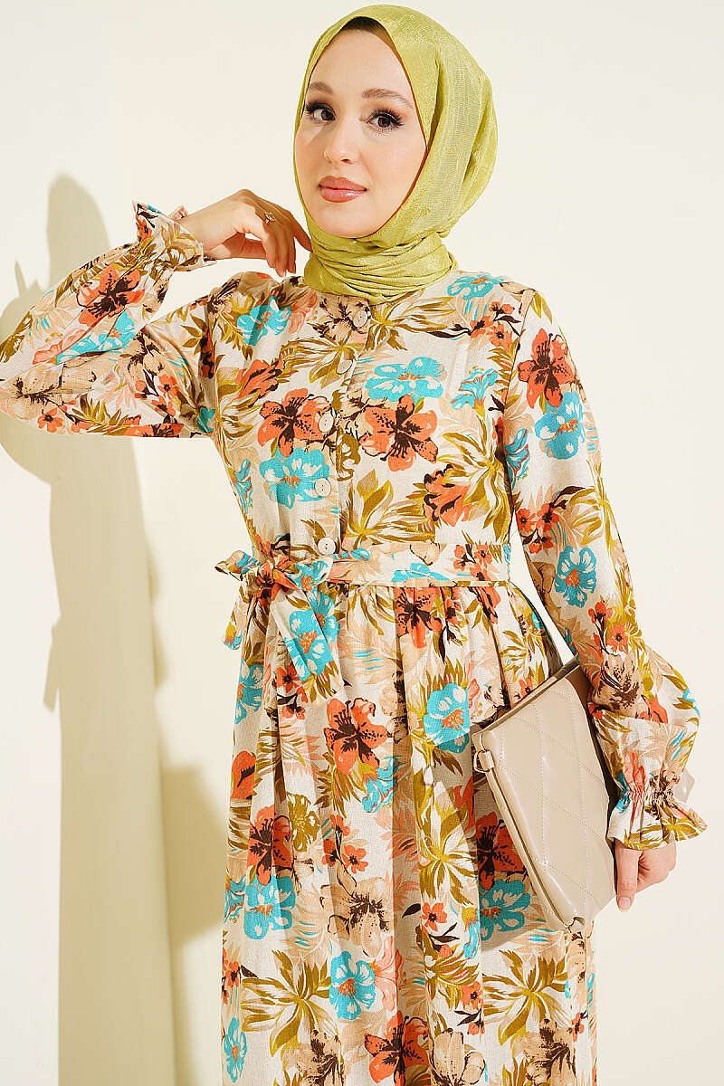 Half Button Floral Linen Dress Beige - Image 2