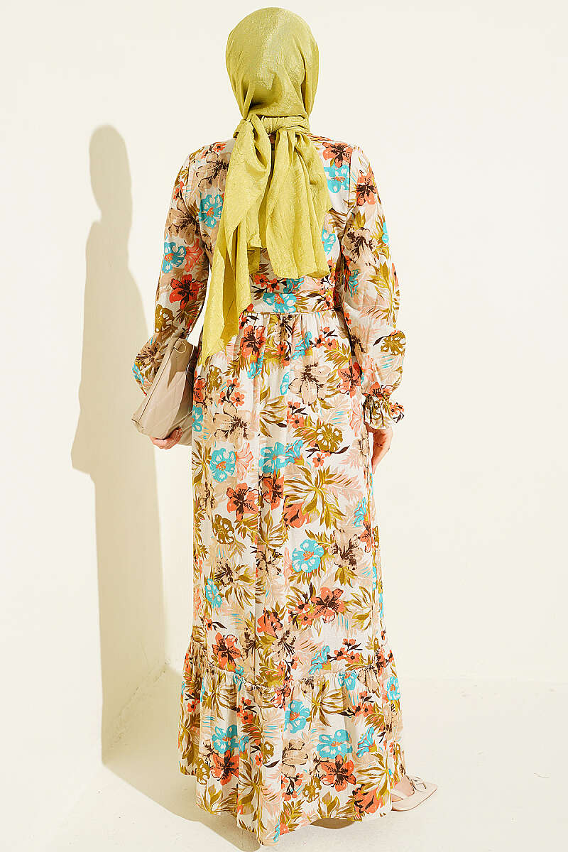 Half Button Floral Linen Dress Beige - Image 3