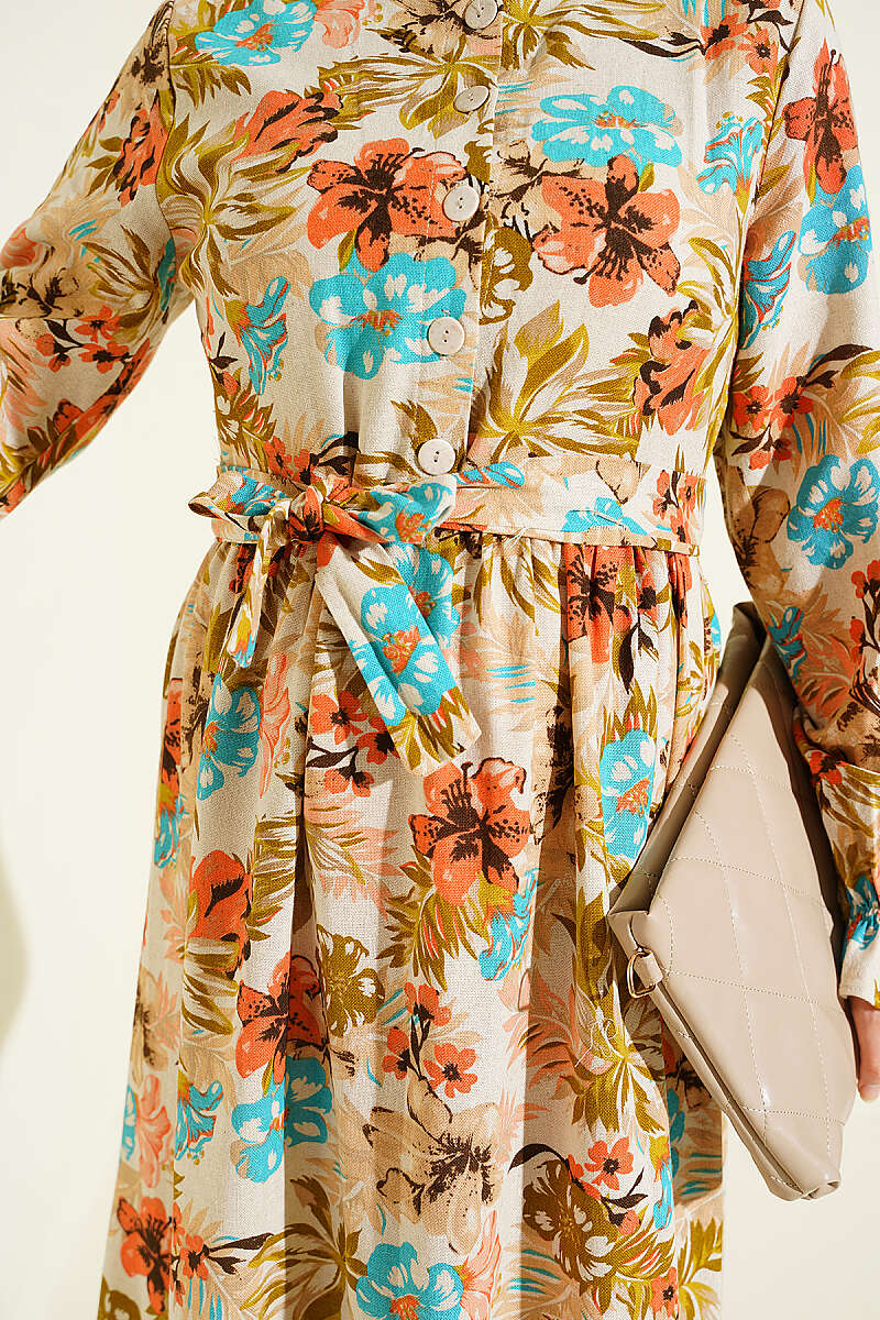 Half Button Floral Linen Dress Beige - Image 4