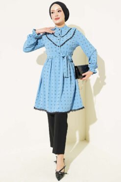 Alternative view of Half Buttoned Tunic with Lace Detail Blue