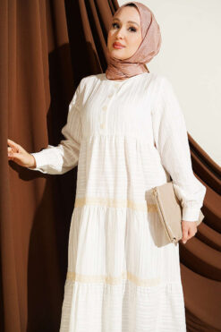 Alternative view of Half Buttoned Layered Dress with Lace White