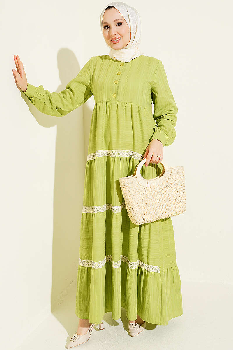 Half Buttoned Layered Dress with Lace Pistachio Green