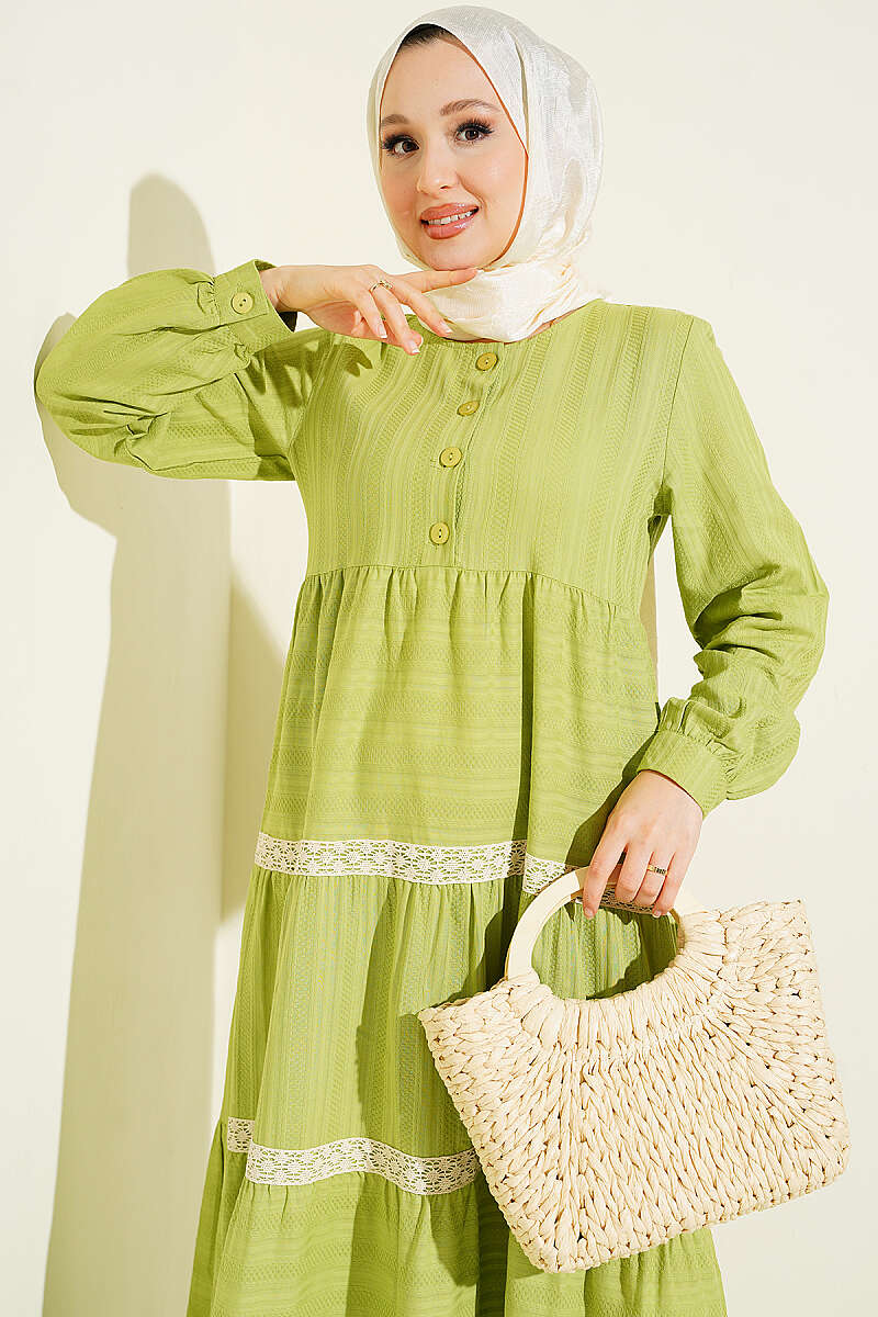 Half Buttoned Layered Dress with Lace Pistachio Green - الصورة 2