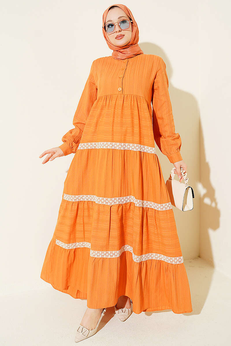 Half Buttoned Layered Dress with Lace Orange