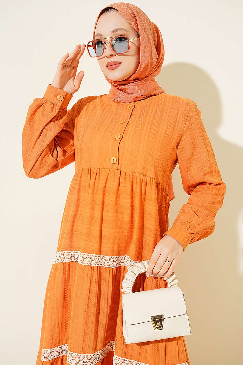 Half Buttoned Layered Dress with Lace Orange - Image 2