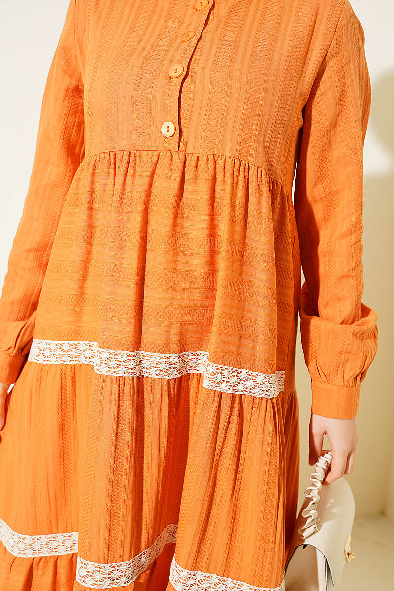 Half Buttoned Layered Dress with Lace Orange - Image 4