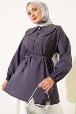 Half Buttoned Drawstring Tunic Smoke
