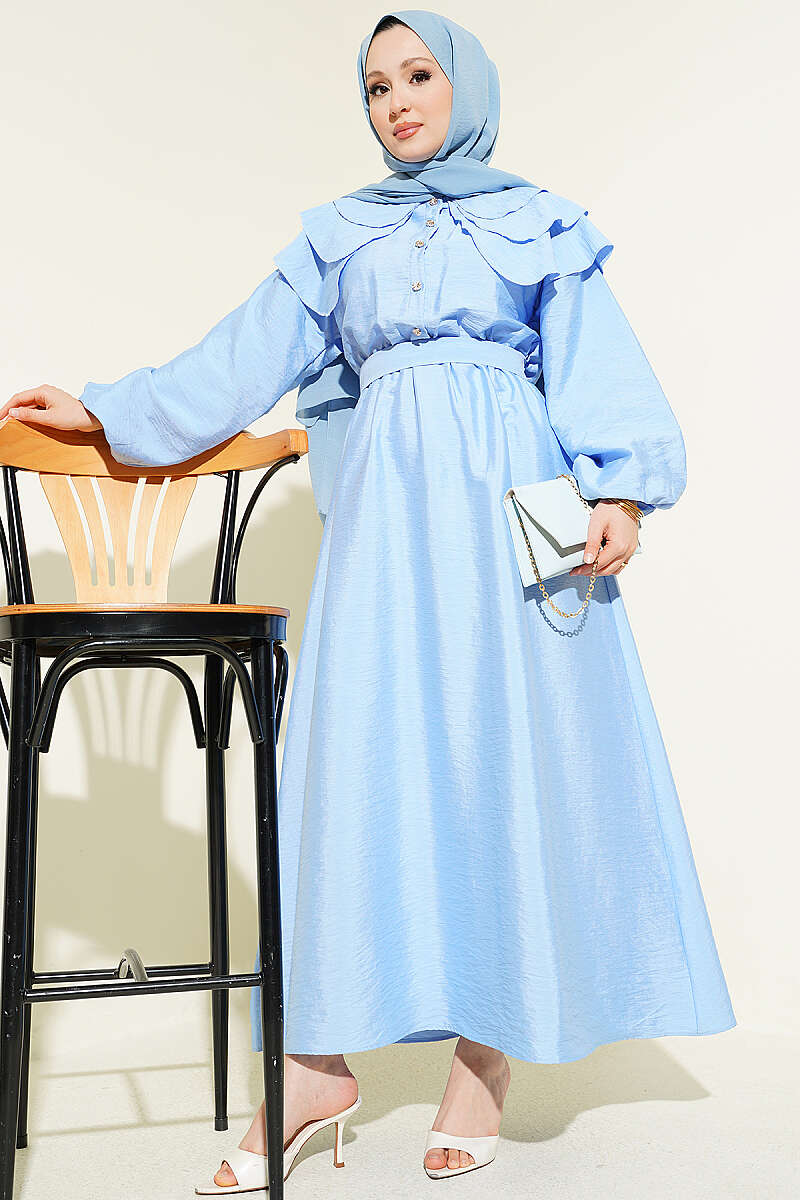 Half Buttoned Tiered Sailor Collar Dress Baby Blue