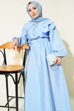 Alternative view of Half Buttoned Tiered Sailor Collar Dress Baby Blue