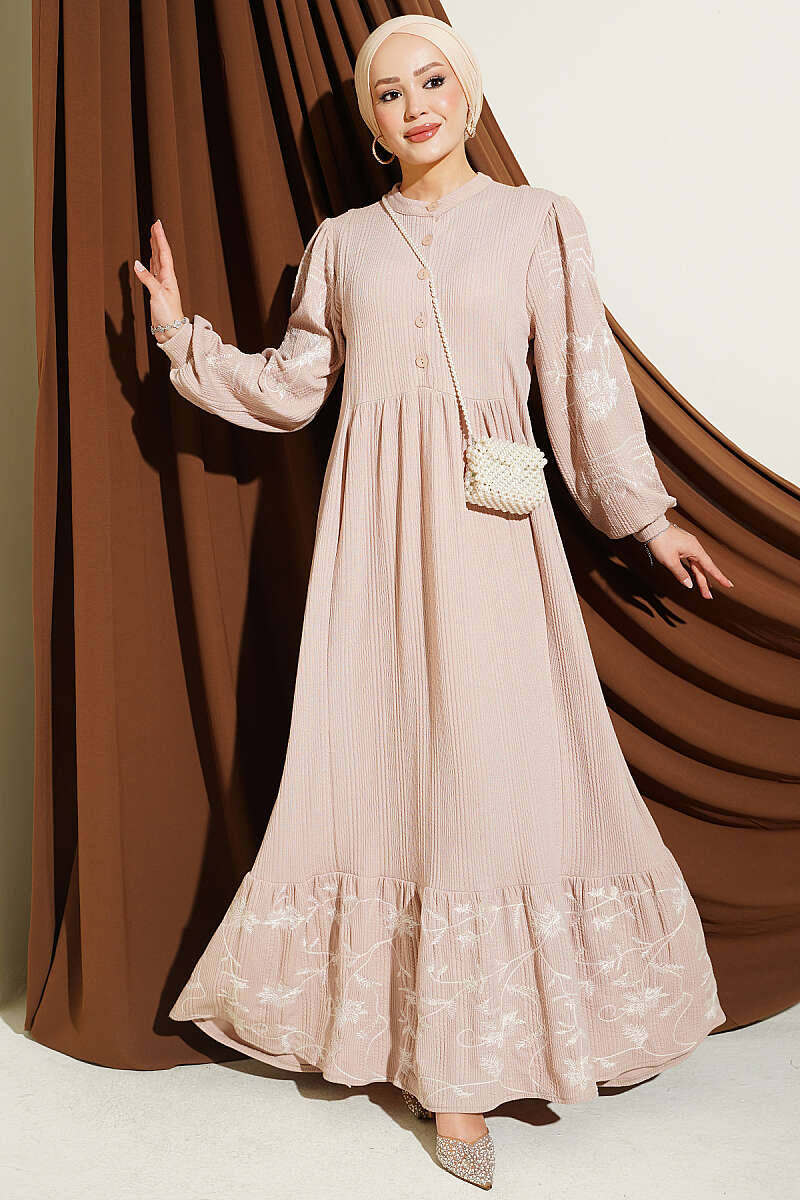 Half Buttoned Embroidered Knit Dress Beige