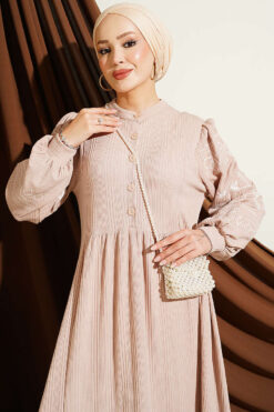 Alternative view of Half Buttoned Embroidered Knit Dress Beige