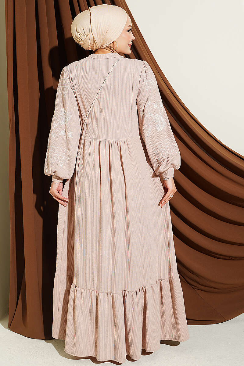 Half Buttoned Embroidered Knit Dress Beige – Bild 3