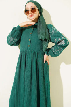 Alternative view of Half Buttoned Embroidered Knit Dress Green