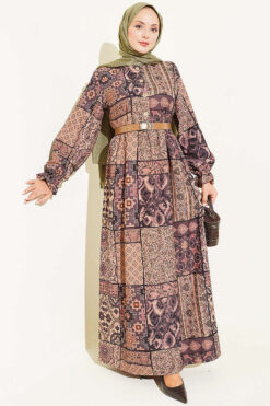 Half Button Authentic Patterned Dress Camel