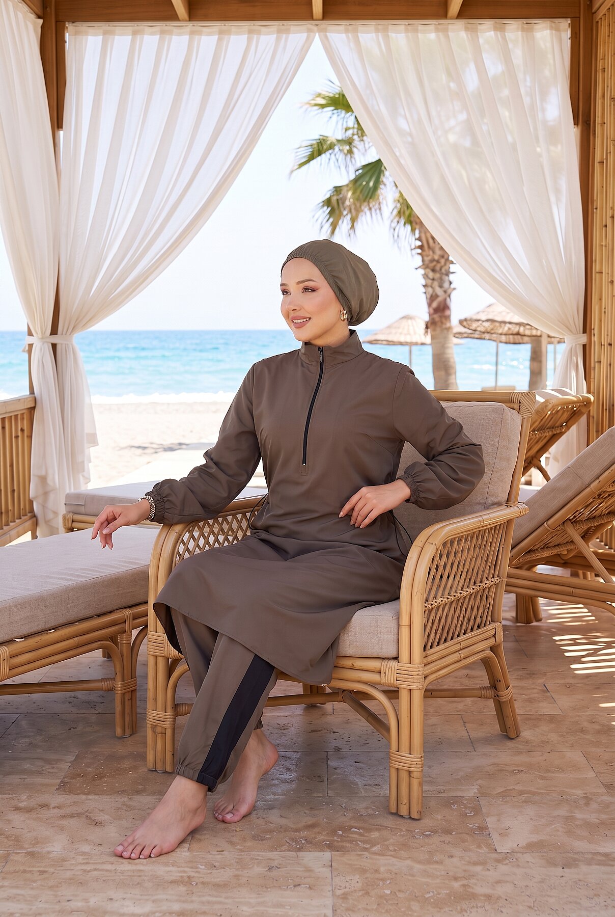 Half-Zip Adjustable Waist Modest Swimsuit Navy Blue – Bild 4