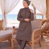 Half-Zip Adjustable Waist Modest Swimsuit Khaki – Bild 3