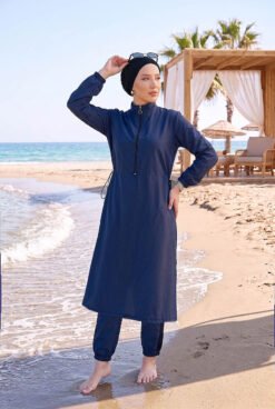 Half-Zip Adjustable Waist Modest Swimsuit Navy Blue