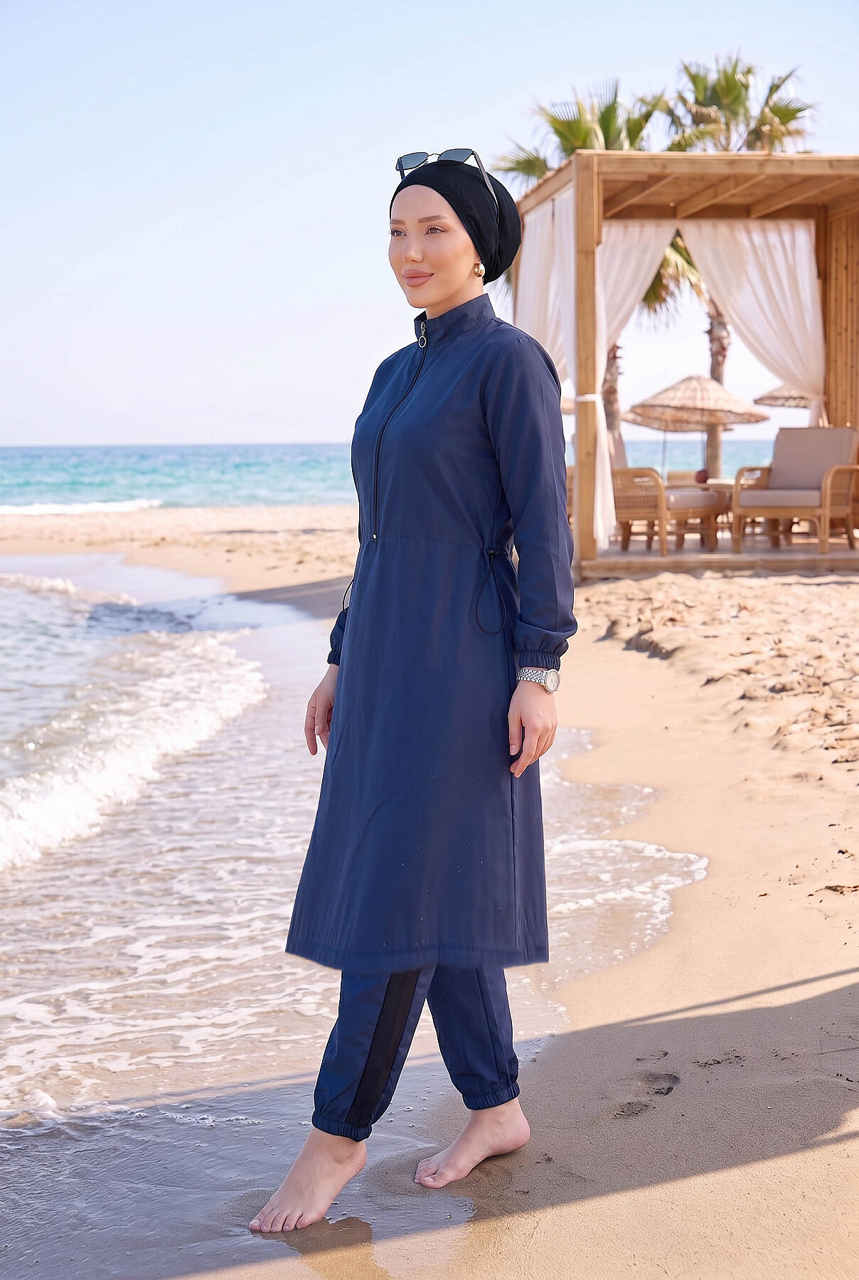 Half-Zip Adjustable Waist Modest Swimsuit Navy Blue – Bild 2